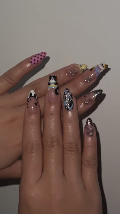 Polka Dot Cat Melody Press On Nails | Cute Cat Nail Art for Music Lover | Polka Dot Nude Nails | Luxury Cute Nails | OC294EC