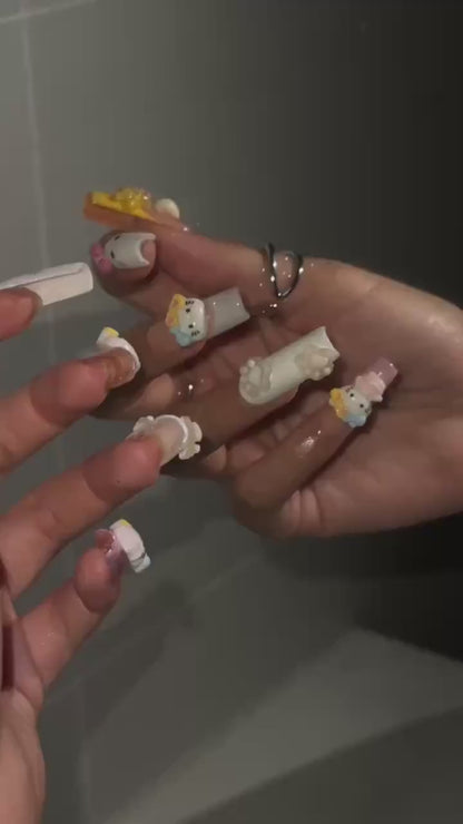 Cute 3D Cat Press On Nails with Pastel Bows | Peach Pink Kawaii Nail Art | Raised Paw Print Charms | Handmade Long Almond Nail Set | OB699UA
