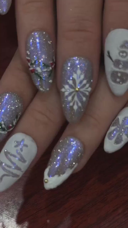 Silver Frost Christmas Press On Nails | 3D Snowman & Christmas Tree Nail Art | Frosted Birds and Winter Scene | HB1209EC