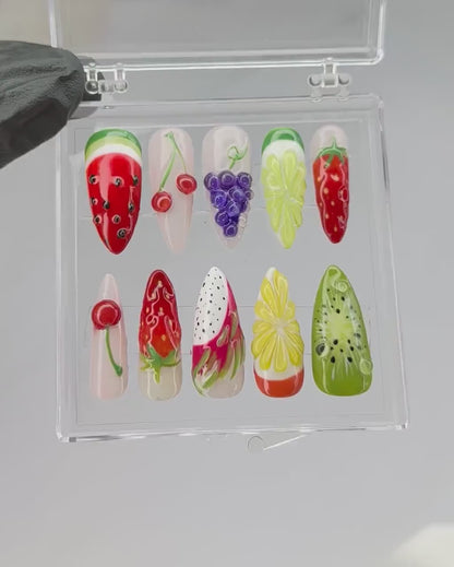 Colorful Fruit Press On Nails | Summer Holiday Fake Nails | Vibrant Fruit Nail Art | Tropical Fruit Press On Nails | Press Ons | HD448TL