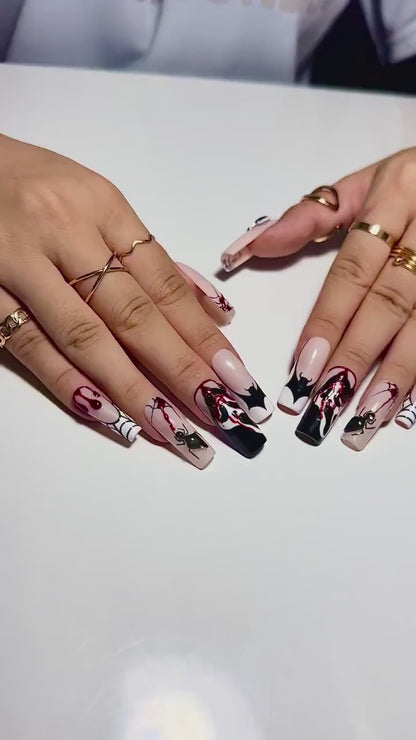 Gothic Spider Web Press On Nails | 3D Black Widow and Blood Drip Art | Scream Ghost & Webbed Bat Design | Halloween Horror Nail | JB980EC