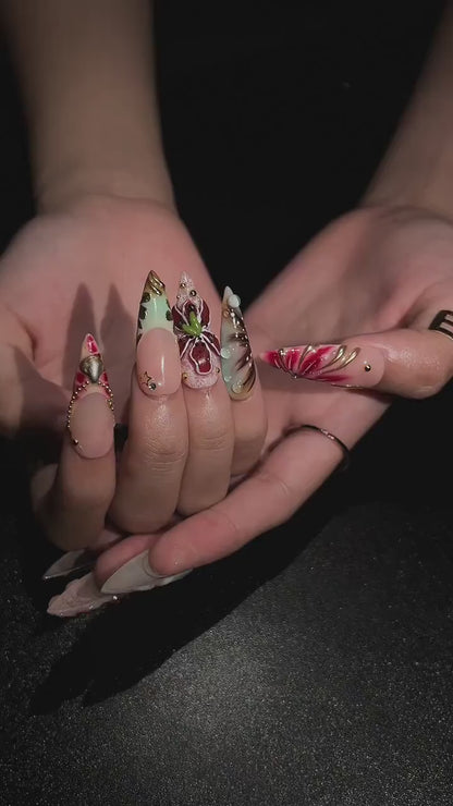 Luxury Floral Press On Nails, Burgundy Gold Nails, 3D Flower Nail Set, Vintage Glam Handmade Press On Nails, OB1377U