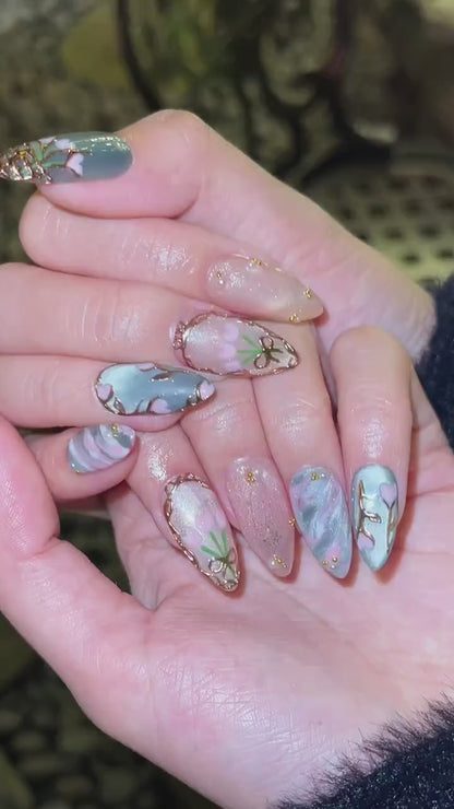 Vintage Tulip Press On Nails, Sage Green and Pink Marble Nails with Gold Rose Frame, Elegant Floral Hand-Painted Custom Nails, OB307HK