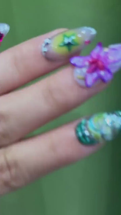 Spring Fairy Garden Press On Nails | Colorful 3D Floral Nail Art | Fantasy Galaxy Press Ons | Handmade Statement Nails | JB266EC