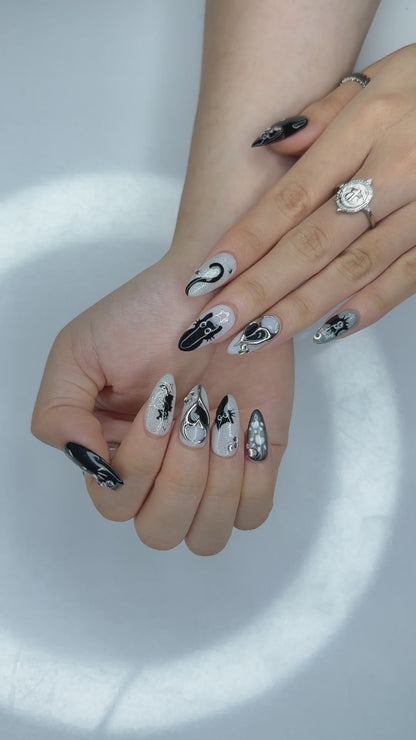 Black Cat Press On Nails with Chrome Heart , Gothic Silver Glitter Fake Nails , Handmade Celestial Nails for Halloween Nails Set , OB478WC