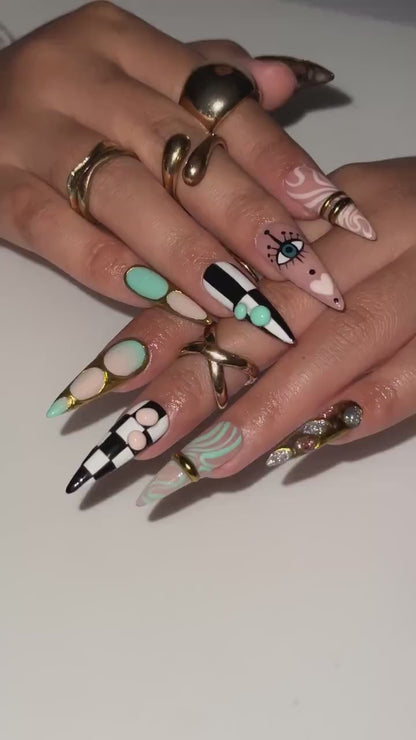 Gilded Luxury Colorful Press On Nails | Eye Art Gold Ring Nails | Handmade Nude Stiletto Nail Art | Luxury Statement Press Ons | OB302EC