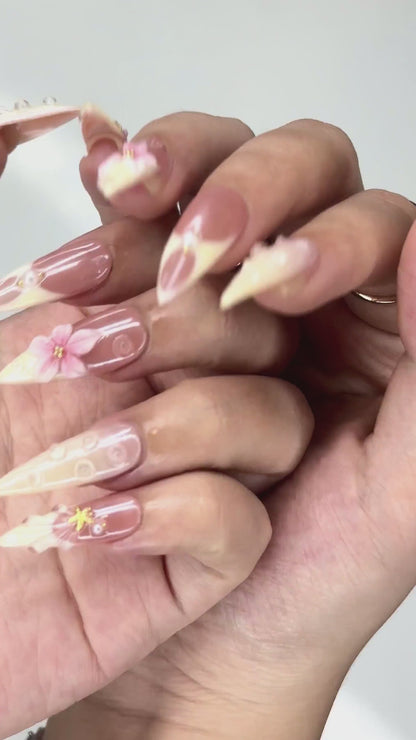 3D Pink Lily & Lemon French Nails | Summer Ocean Shell Press Ons | Luxury Tropical Botanical Stiletto Art | OB373IC