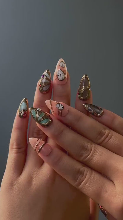Opulent Gold Luxury Press On Nails | Vintage Watch Gothic Nail Art | Gold Frame Clock Inspired Nail Set | HC1239EC