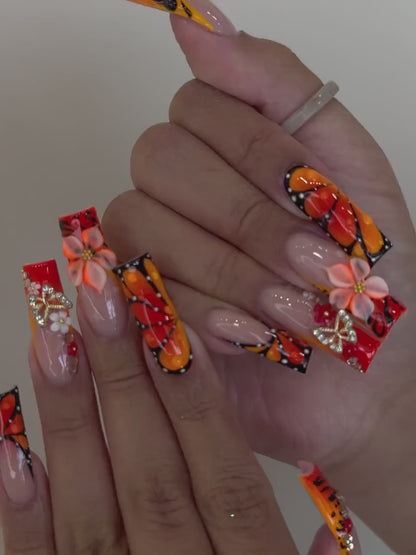 Sunset Flame Floral Press On Nails | Orange Butterfly Nails | 3D Flower & Star Charms Nail Art | Handmade Long Nail Set | JC961HK