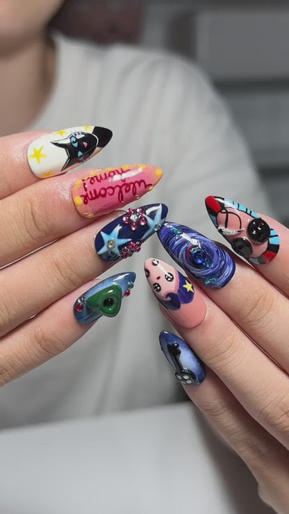 Dark Fantasy Press On Nails with Black Cat & Eye Art | Whimsical 3D Charms | Eclectic Statement Nails | OB547UI