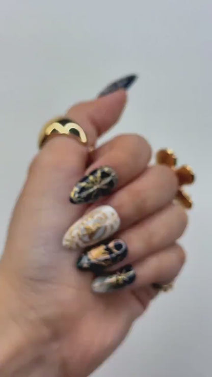 Midnight Christmas Press On Nails | Black & Gold Christmas Nail | Hand-Painted Design | Holiday Nail Set | Luxury Winter Press Ons | JB215HC