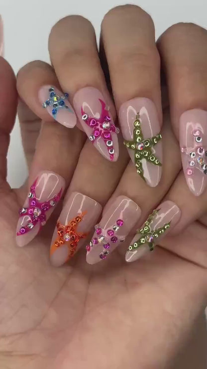 Colorful Starfish Press On Nails | Tropical Mermaid Nails | Beach Vacation Nail Set | OB448J