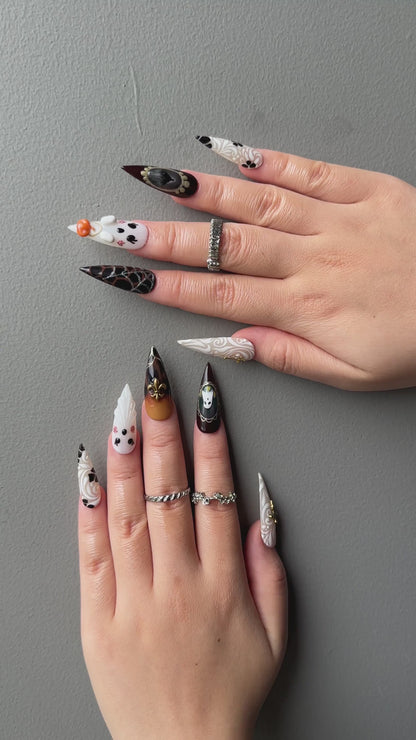 Halloween Press On Nails with Ghost & Cross Charms , Gothic Spider Web Fake Nails , Handmade Halloween Nail Art • OB1396WI