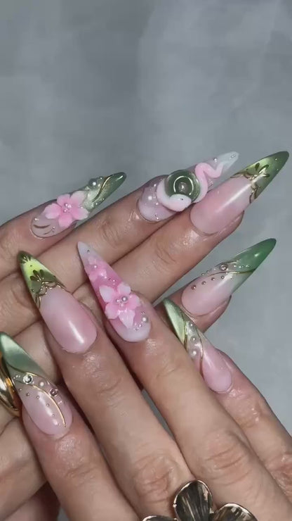 3D Pink Rose Fairycore Press On Nails | Green Botanical French Tips | Gold Vine Details | Romantic Floral Garden Nail Art | OB696UG