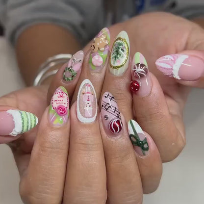 Pink Peppermint Christmas Press On Nails | Nutcracker Holiday Cute Nails | Wreath & Candy Art Nails | Cute Christmas Pastel Nails | JC259EC