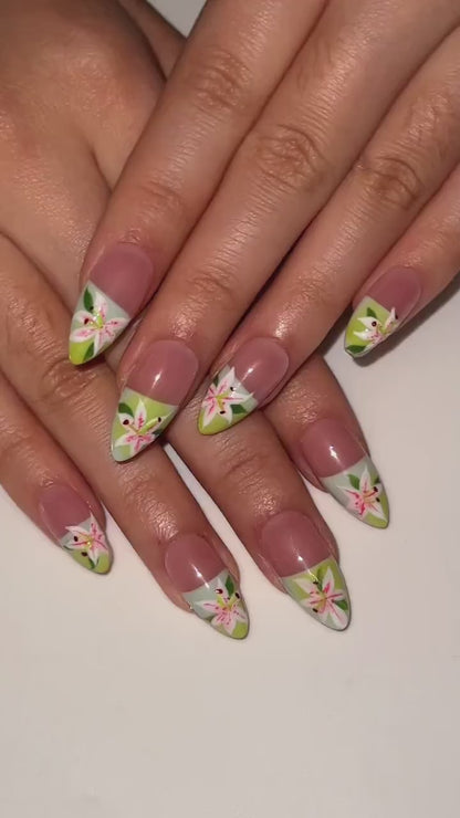 Soft Lily Floral Press On Nails for Spring | Pink Green Flower Nails | Lilies Nail Art | Botanical Press Ons | Romantic Spring Nail| OB294HC