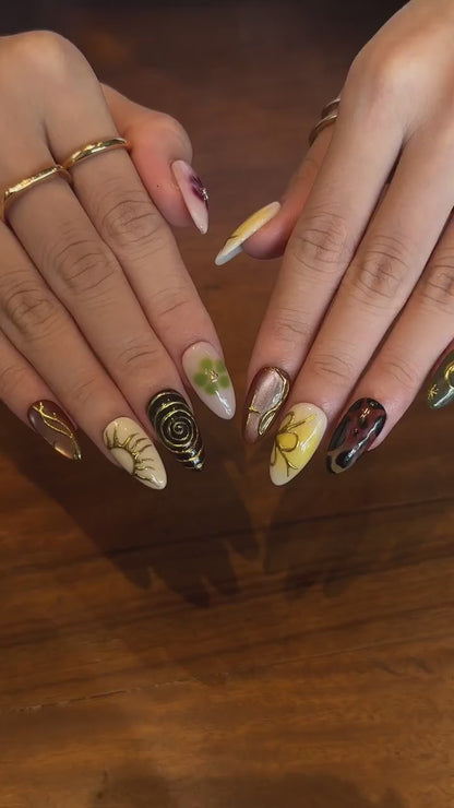 Earthy Press On Nails with Abstract Flowers | Mustard Yellow Olive Green Fake Nails | Handmade Botanical Nail Art for Fall | OB513UI