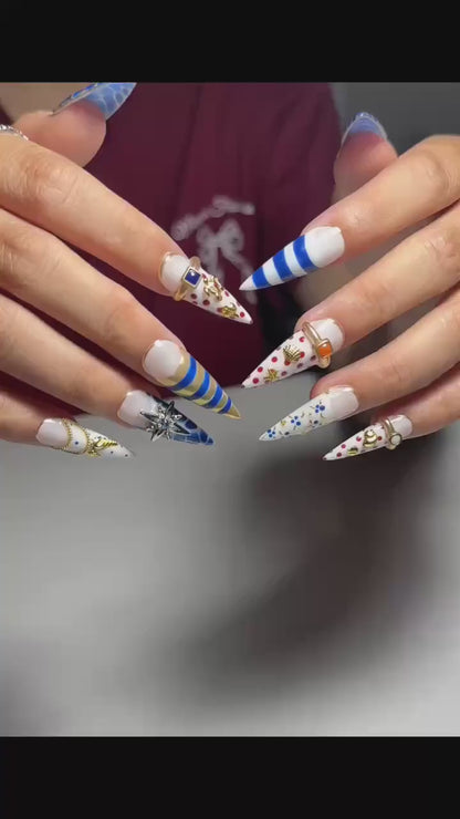 Nautical Press On Nails with Sea Shell & Starfish | Blue White Coastal Nail Set | Luxury Yacht Club Summer Nails | OC1387JG
