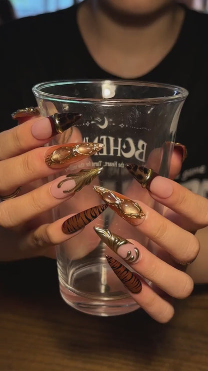 Fall Press On Nails, Brown Gold Nails, Luxury 3D Nail Art, Long Stiletto Nails, Handmade Autumn Nails ,OB672WI