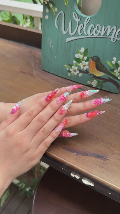 Tropical Press On Nails with 3D Hibiscus Flower, Pink Coral Jelly Nails, Handmade Vacation Nails for Beach Holiday, Press on nails , OB471WG