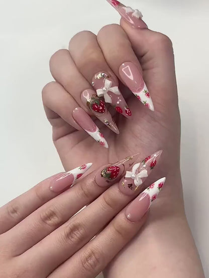 Cute Strawberry Bow Press On Nails | Pink French Tip Nails | Cute 3D Kawaii Nail Art | Handmade Luxury Press Ons | HC995GC