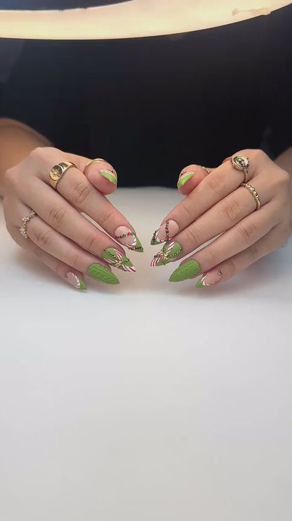 Candy Cane Christmas Press On Nails | Green Holiday Nails | Festive Long Nails | Gift For Her | Winter Party Nails| HB1189BC