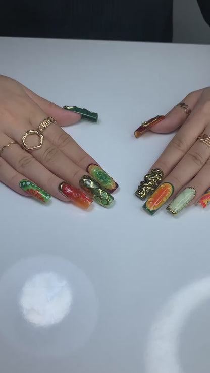 Retro Jungle Luxe Press On Nails | 3D Gold Abstract Nail Art | Green & Orange Swirl Press Ons | Handmade Statement Nails | JB976HC