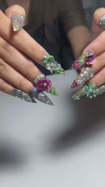 Enchanted Forest Press On Nails | Emerald Snake Butterfly Nail Set | Fantasy Botanical Chrome Nails | Handmade Statement Art | OB458JG