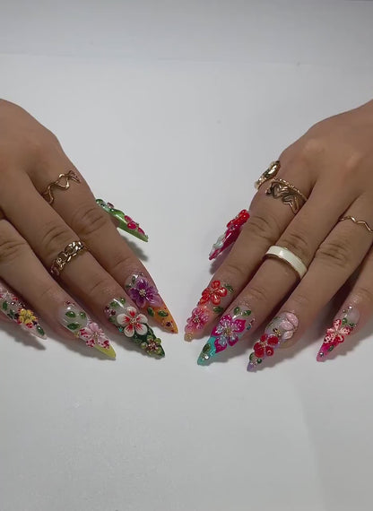 Tropical Garden Explosion Press On Nails | 3D Colorful Floral Nail Art | Rainbow Gradient Tips with Leaves & Gems | JB989EC
