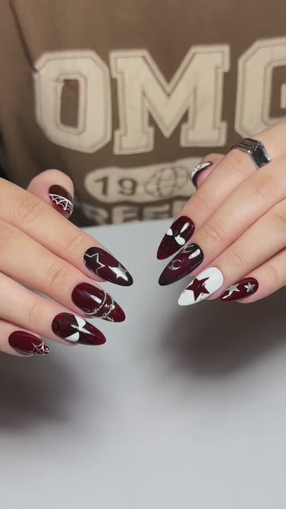 Dark Red Gothic Press On Nails with Spider Web | Burgundy Star Fake Nails | Handmade Alternative Nail Art for Halloween, Party | OB504UC