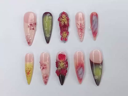 Custom Dreamy Press On Nails | 3D Jelly Orchids Nail Art | Hand-painted Acrylic Floral Press-Ons | FairyCore Flower Fake Nails | J330AK