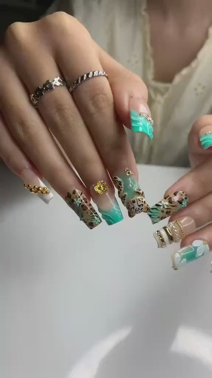Leopard Print Press On Nails • Nude Teal Animal Print Nail Set Gold • Luxury 3D Cheetah Manicure • Vacation Safari Gift for Her • OB443Z