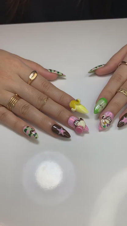 Camo Monkey Fun Press On Nails | Cartoon Camouflage Nails | Banana & Monkey Nail Design | Pink Green Star Press Ons | Funky Nails | JC963HC