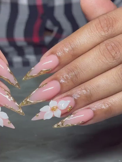 Nude Pink Luxury Press On Nails | Blush Floral Nails | 3D White Flower Nail Art | Elegant Bridal Press Ons | Soft Glam Nail Set | HC1232HC