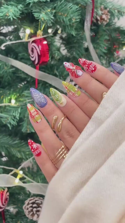 Red & Green Christmas Gift Press On Nails | Christmas Gift Box Nail Art | 3D Ribbon Bow Accent | Snowflake and Festive Pattern Nails|JB241EC