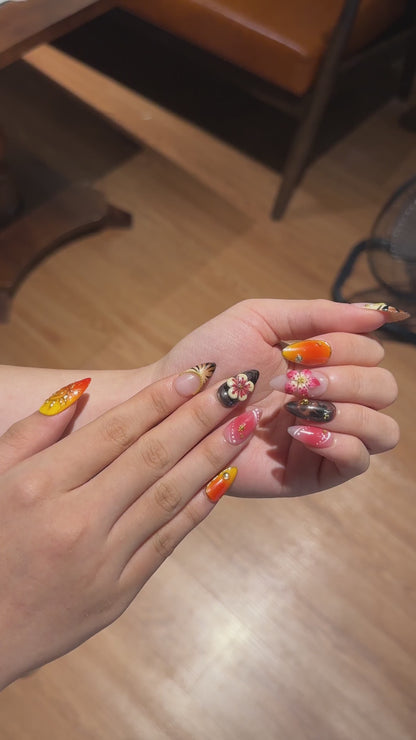 Fall Press On Nails with 3D Flower , Brown Orange Handmade Nails , Autumn Fake Nails for Everyday, Vacation , OB470WG