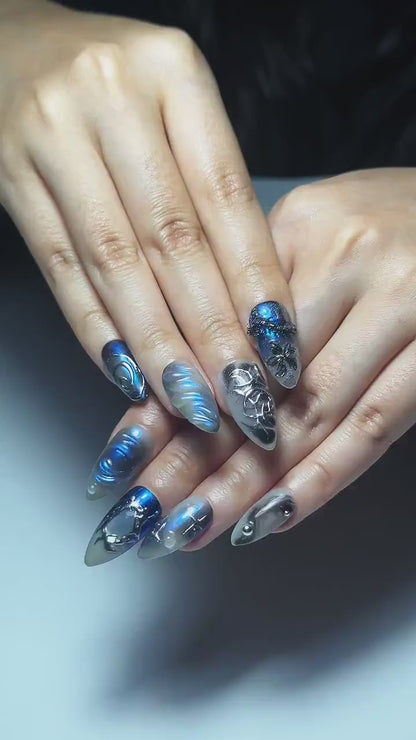 Galaxy Gothic Press On Nails | Dark Blue Chrome Cat Eye Nails | Celestial Star Night Nail Art | Handmade Cosmic Gel Nails | JB328IC
