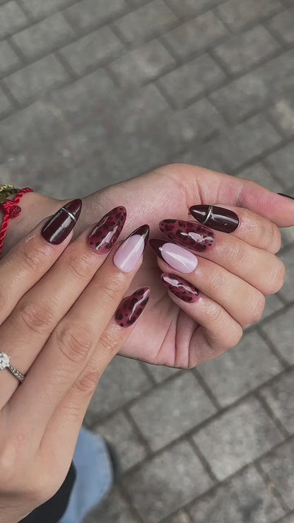 Burgundy Press On Nails with Leopard Print | Dark Red French Tip Fake Nails | Handmade Animal Print Nails for Fall, Party | OB508UC