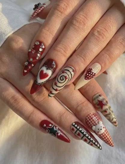 Nail Tabs for Press On Nails – Cherry Heart Teddy Gingham Nude Red Valentine Nails