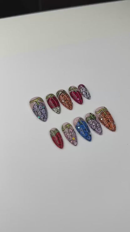 Devil Fruit Press On Nails with Swirl Art , Colorful Anime Inspired Nails , Handmade Fantasy Nails for Cosplay Gift | OB525WP