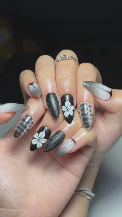 3D Monochrome Flora Nails | Reptile Print & Velvet Knit Press Ons | Luxury Gothic Minimalism Stiletto Art | OC1343IC