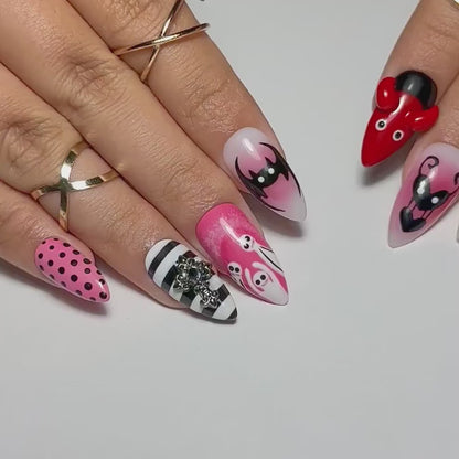 Gothic Halloween Press On Nails | Black Cross & Skull Fake Nails | Pink Cute Scary Nail Art |Cartoon Horror Press Ons |Horror Nails |HB581YC