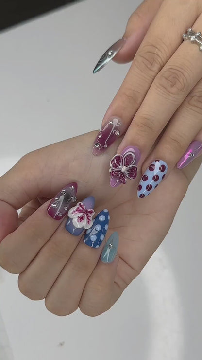 Eclectic Jewel Tone Press On Nails, 3D Floral Chrome Nails, Cat Eye Abstract Handmade Statement Nail Set, OB1379U