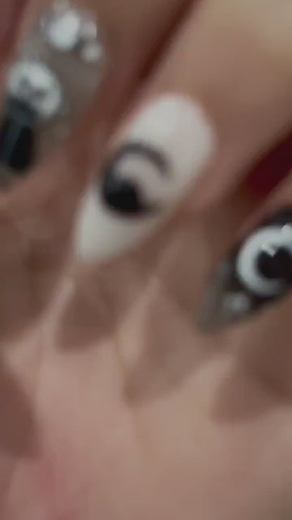 Cosmic Black Cat Press On Nails | Gothic Cat Nail Art | Moon Star Astrology Nails | Witchy Black White Press Ons | Mystic Nail Set | JB263H