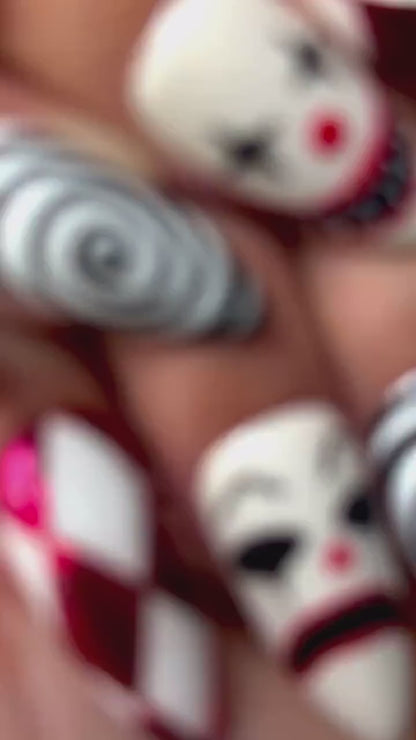 Creepy Clown Carnival Press On Nails | Horror-Inspired Clown Nail Art | Spooky Halloween Nail Set | Handmade Clown Face Nails | JB178HC