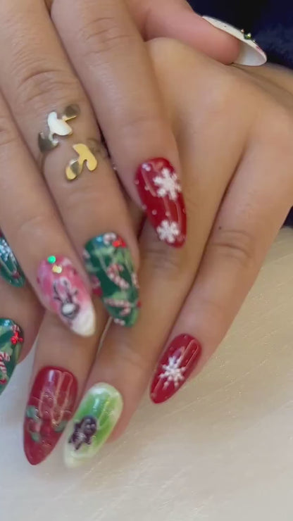 Press On Nails For Christmas| Red Green Christmas Nail Art | Candy Cane & Tree Nails | Festive Holiday Press Ons |JB217ET