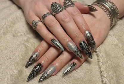 Press On Nails Adhesive Tabs – Black Silver Chrome Abstract Art Long Stiletto Handmade Fake Nails for Gothic Futuristic Look