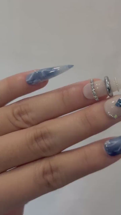 Blue Marble Blossom Press On Nails for Spring Blue | Handmade Nude & Sapphire Nails with Floral Art | Elegant Stiletto Nail Design |OB2890EC