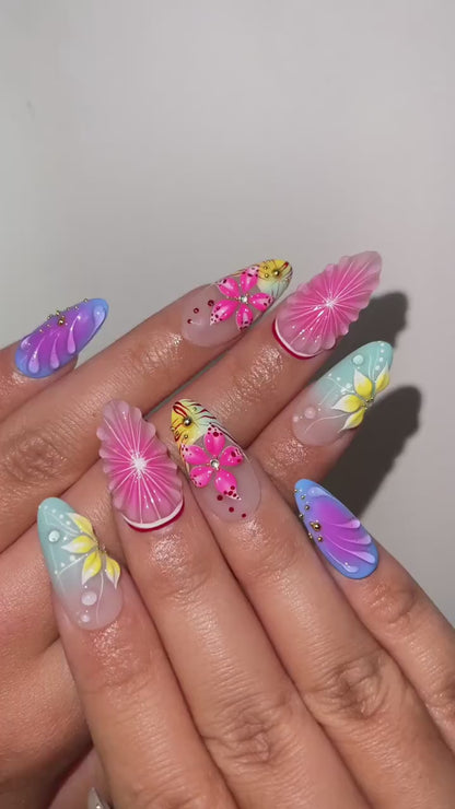Tropical Bloom Press On Nails | 3D Flower Summer Nails | Colorful Citrus Slice Nails | Hand Painted Floral Nails | Vacation Nails | JB319H