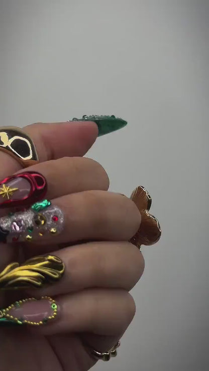 Luxe Ornament Christmas Press On Nails | 3D Holiday Nail Art | Red & Green Chrome Nails | Rhinestone Design | Festive Press Ons | JB214HC